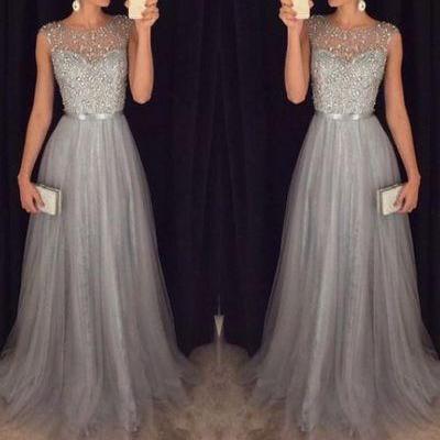 Long Prom Dress, Tulle Prom Dress, Grey Prom Dress,Floor-length Prom Dress, Junior Prom Dress,PD008