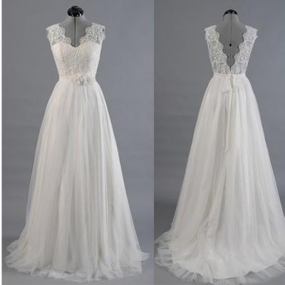 Floor Length Prom/Wedding Dress,White Lace Wedding Dress,Classic Wedding Dress,Tulle Wedding Dress,Sleeveless Wedding Dress,PD0242
