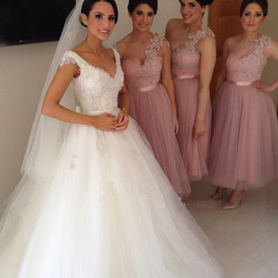 Ankle Length Bridesmaid Dresses One Shoulder Lace Bridesmaid