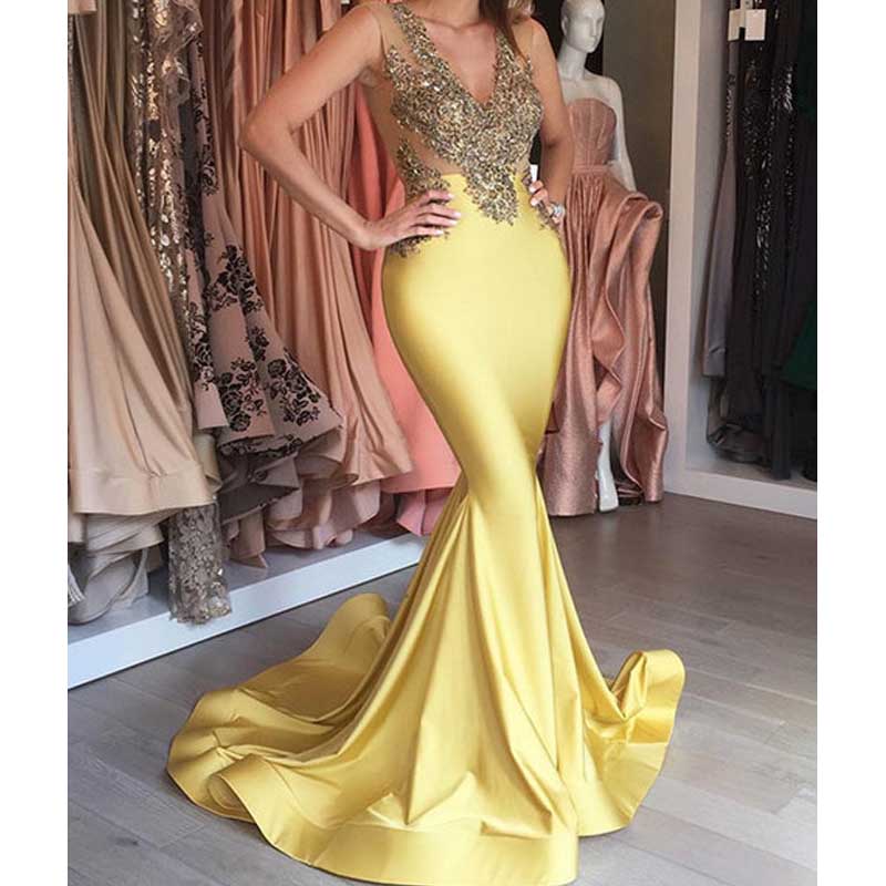 satin yellow prom dress