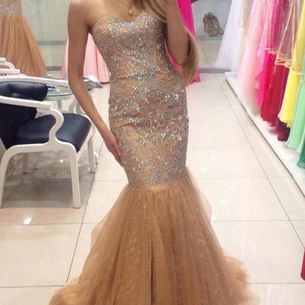 Sweetheart Rhinestone Prom Dresses, Long Mermaid Prom Dresses, Tulle ...