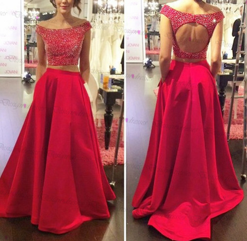 Off Shoulder Prom Dress,two Piece Backless Prom Dress,red Satin Prom ...