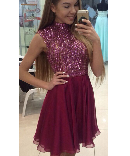 High-Neck A-Line Homecoming Dress with Lace - PromGirl